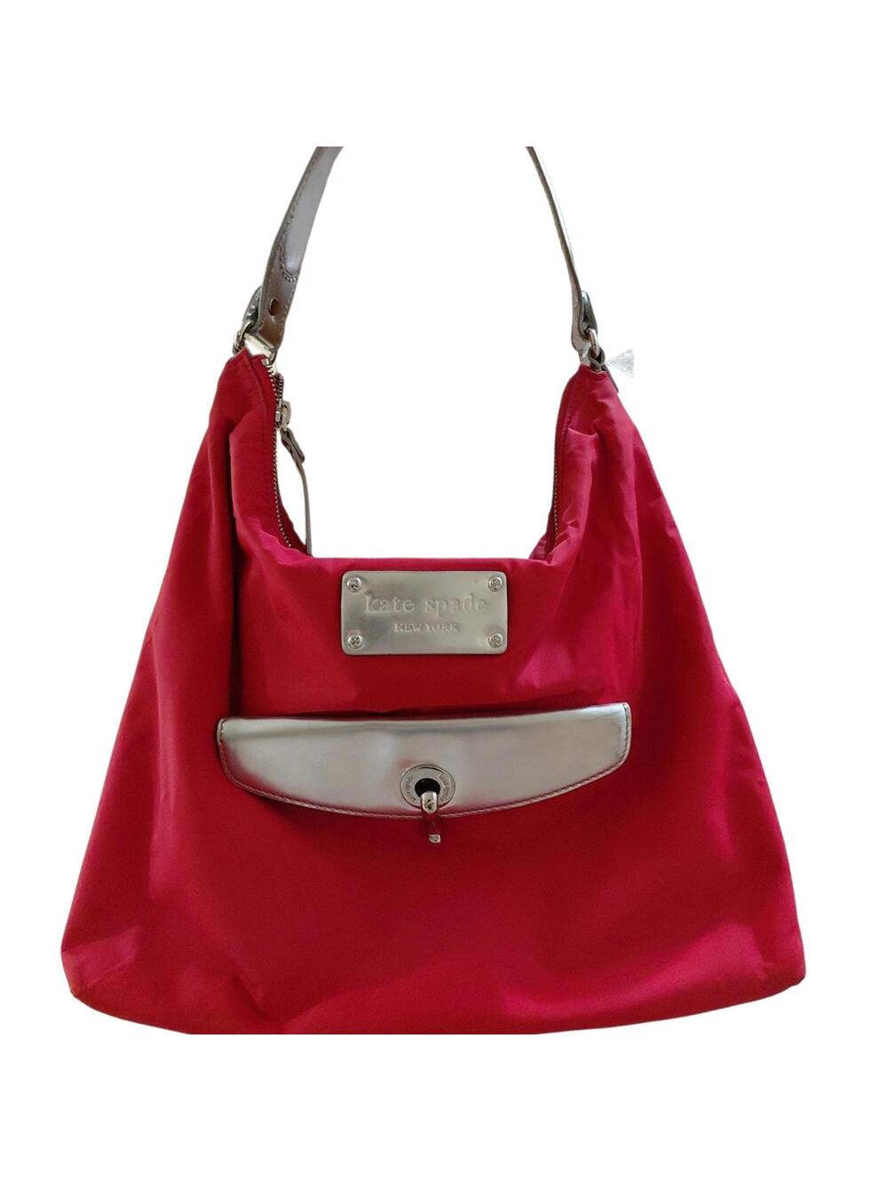 "Kate Spade" Nylon Leather and Metal Red and Silver Hobo Bag. 15'x12'  One Flaw.